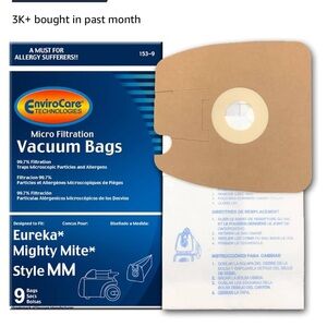9 micro filtration Vacuum‎ Bags for Eureka MM Mighty Mite 3670 and 3680 Canister